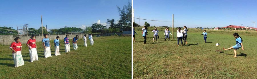 Students playing soccer and lining up for sack races.