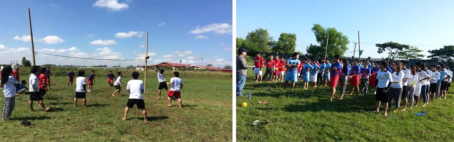 Students at the Southeast Asia Bible College play volleyball and participate in races.