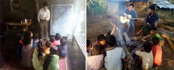 Bro. Kap Tung Thang teaching the Salvation message to the kids (left) and Bro. Kap Tung Thang praising God before the kids